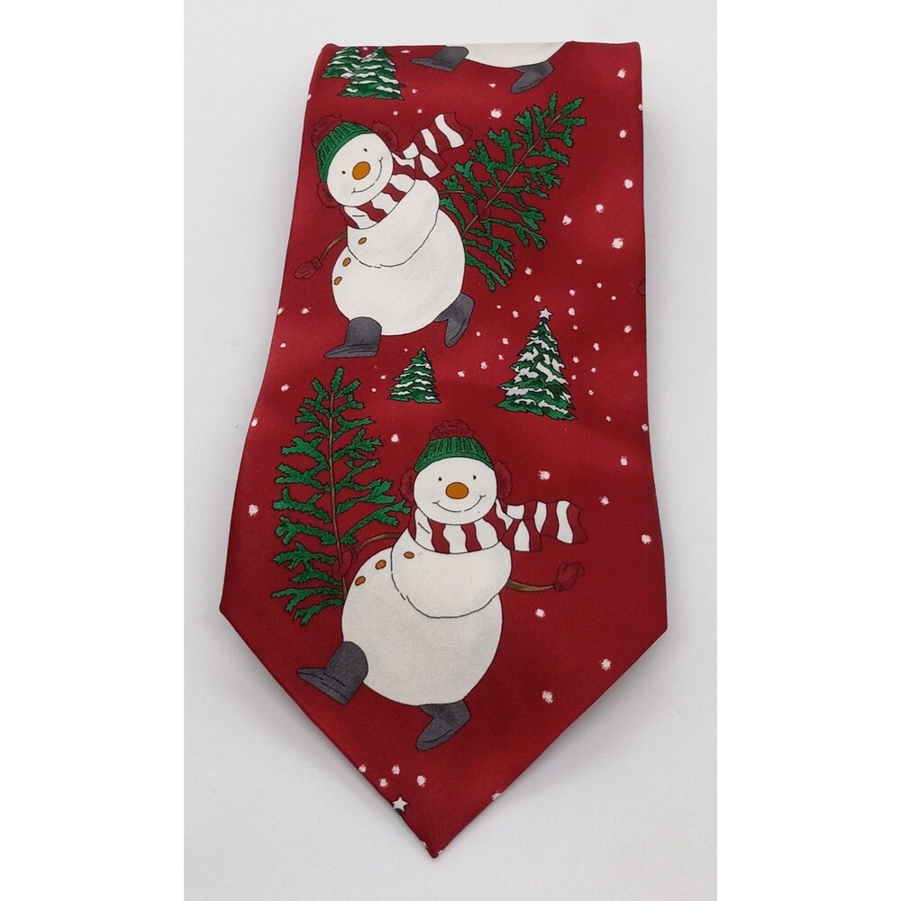 Hallmark Christmas Snowman Silk Necktie Holiday Traditions Red White & Green Tie